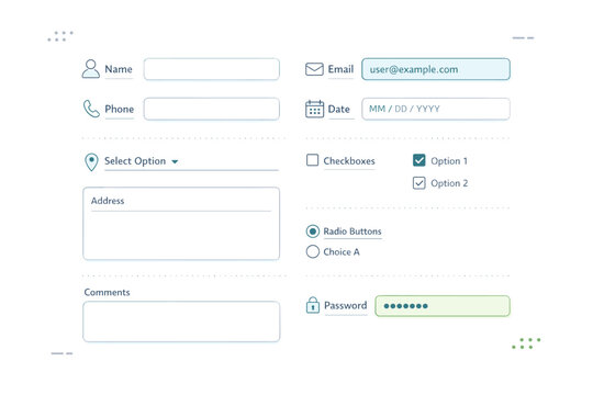 Editable form fields layout. Multiple input fields with focus states and light highlight accents, arranged in a calm grid. Organization, efficiency, and clean