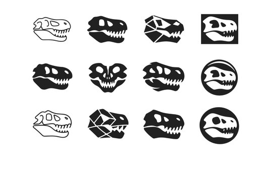 Fossil Hunting Icons. Paleontological tourism and fossil hunting. Icon set. Set Logo of Paleontological tourism and fossil hunting: fossilized dinosaur skull.