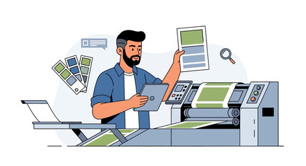 Man Inspecting Printed Documents on Printer.