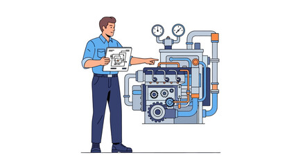 Man Inspecting Industrial Machinery Equipment.