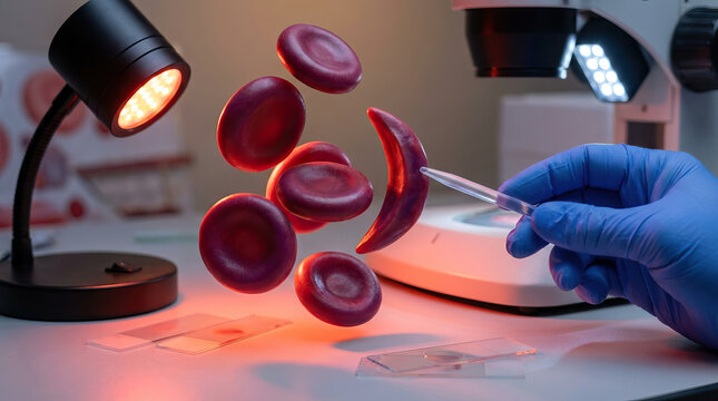 Sickle cell red blood cell red blood cell microscope laboratory gloved hand petri dish medical research anemia blood sample microscopy
