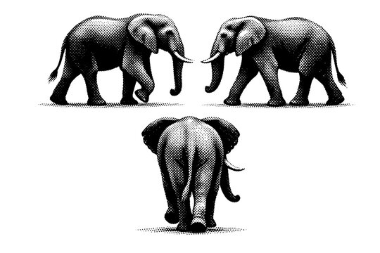 Elephant silhouette walking pose capturing leg movement, shoulder mass, and trunk swing presented in three side-oriented views. Black and