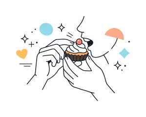 Obraz premium Mindful dessert moment. Close-up of hands holding a small dessert, a gentle bite being taken, abstract floating shapes and stars suggesting
