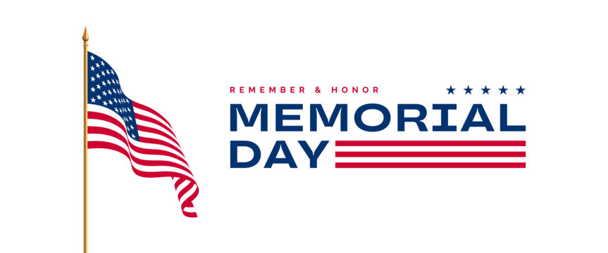 Memorial Day banner, US flag on pole background, typography