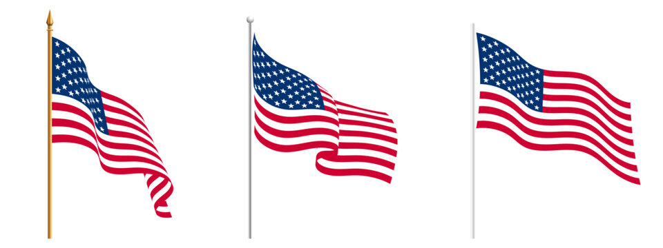 USA flag on pole, American waving flag set, US flagpole