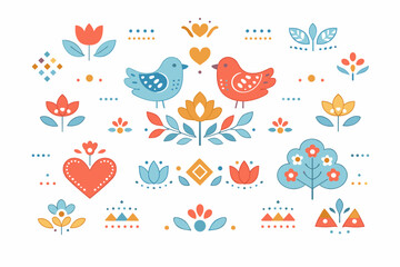 Obraz premium Modern folk pattern background. A clean editorial composition featuring stylized floral and geometric folk motifs arranged evenly with plenty of white space.