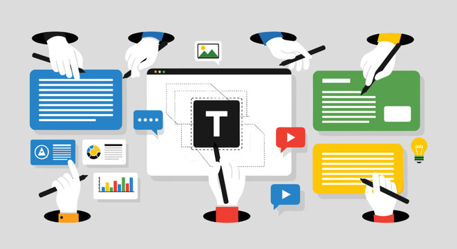 Conceptual Illustration of Collaborative Website Design Process: A Modern Graphic Design Showing Hands Working on a Digital Project for Web Development and UI/UX Improvement