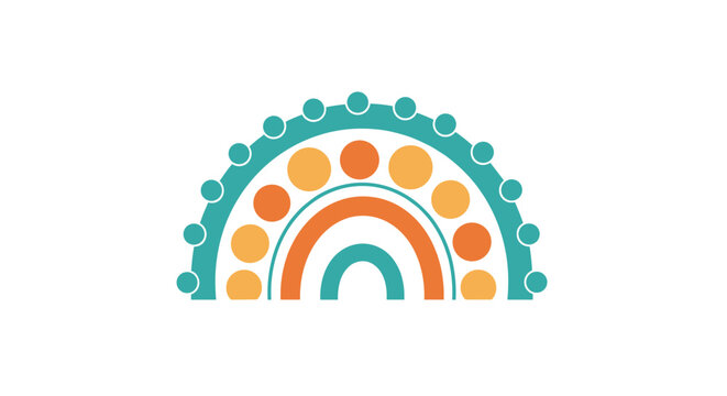 Stylized half circle rainbow design using teal, orange, and yellow with various decorative dots and nested arches.