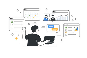 Virtual offices. A person managing tasks across multiple floating windows and dashboards in an abstract online workspace. The mood is focused, organized, and