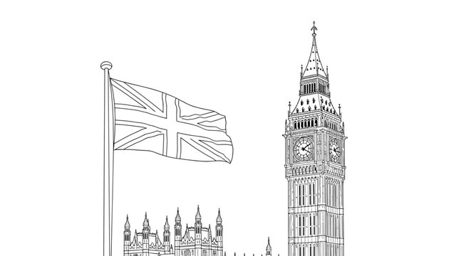 Big ben and union flag line art: iconic london landmark illustration