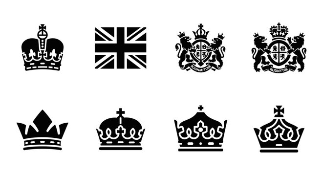 Collection of british royal crown symbols and heraldic crests in monochrome style