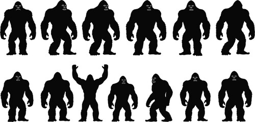 Set of black gorilla silhouettes isolated on white background, powerful ape and primate figures in various standing and walking poses, © Nowshad