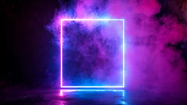 Abstract neon square frame surrounded by vibrant swirling pink and blue smoke on dark background