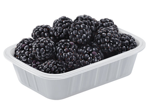 A close-up view of a vibrant container overflowing with plump, juicy blackberries
