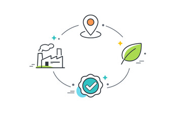 Fototapeta premium Responsible sourcing icons. Minimal symbols of factory, location pin, leaf, and verified badge connected by thin lines. Traceability,