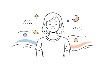 Obraz premium Winding down. Person practicing slow breathing or meditation, eyes closed and calm expression. Soft waves, dots, and abstract shapes floating