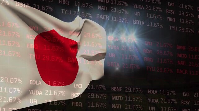 Japanese flag unfurling in breeze, red disc shifting while market codes layering, showing data