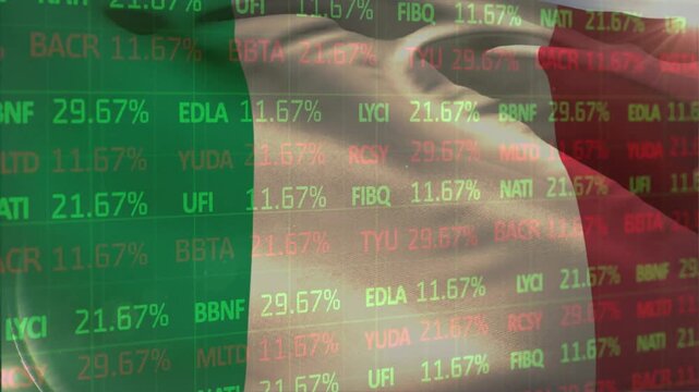 Market updating, Italian flag rippling and folding with ticker updating values, showing market data
