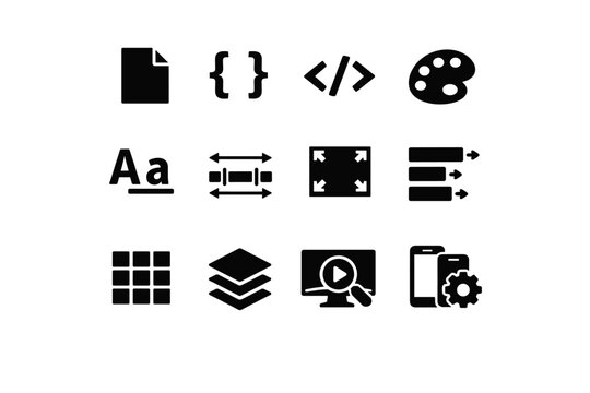 CSS Tools Icons. CSS tools and features. Solid icon set of CSS tools and features: style sheet, brackets, code symbol, color palette, font size icon, spacing