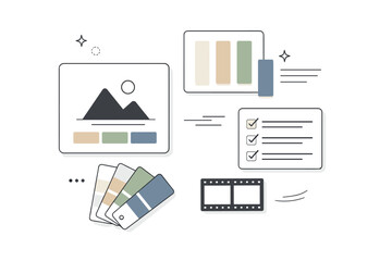 Obraz premium Film-inspired color palette selection. A calm composition showing abstract cards and swatches arranged thoughtfully, evoking color grading