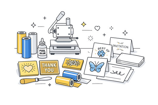 Hot foil stamping tools. A calm workspace with foil rolls, plates, and printed samples neatly arranged. The illustration shows order,