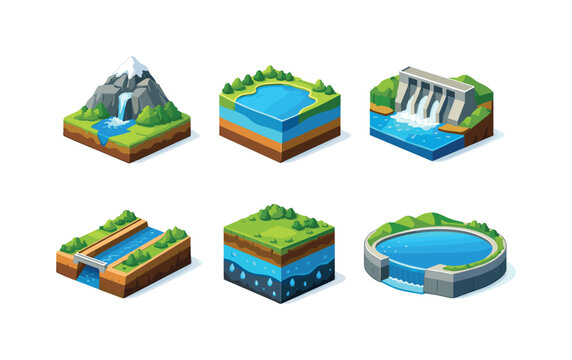 Isometric water cycle elements including mountains, lakes, dams, and groundwater layers