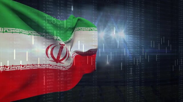 Wind making Iran flag waving as datastreams shifting, blue flare pulsing, conveying tech backdrop