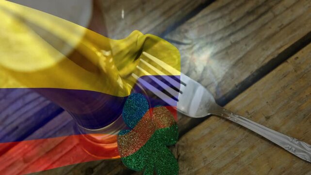 Tricolor flag moving from left, starting glass shifting up, overlay settling, showing foam bubbles