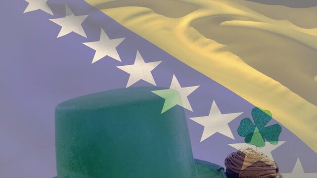 Sheer flag waving, revealing green hat and cupcake on table while shifting, creating patriotism