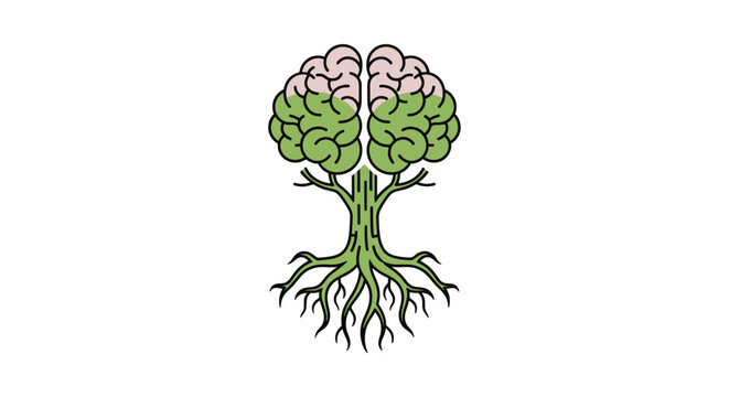 An illustrative tree features a strong root system and trunk crowned by a human brain split into distinct pink and green lobes, Generative AI.