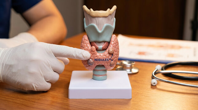 Gloved hand pointing at thyroid nodule model on table with stethoscope and medical chart