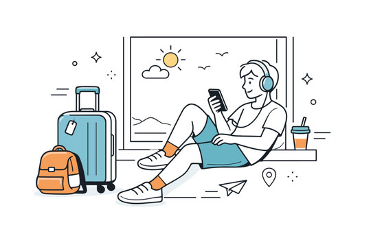 Summer travel downtime. A traveler relaxes with a phone and headphones while sitting by a window, luggage nearby. Calm pause between journeys