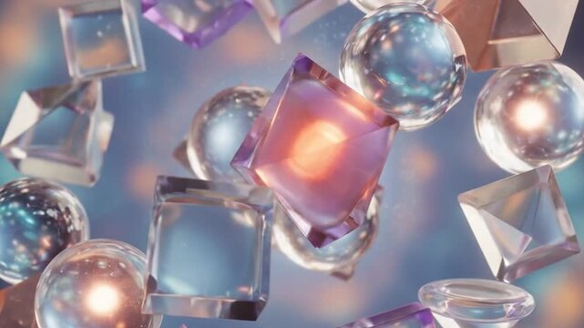 Abstract composition of glowing colorful geometric crystal shapes and spheres floating in a vibrant futuristic space.