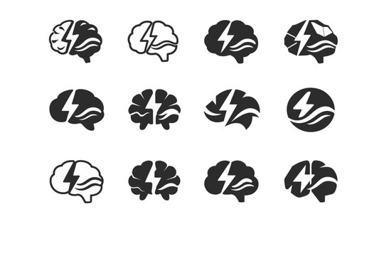 Mental fitness apps. Icon set. Set Logo of Mental fitness apps: brain with lightning bolt and calm wave. harmonious logo variations of the same emblematic