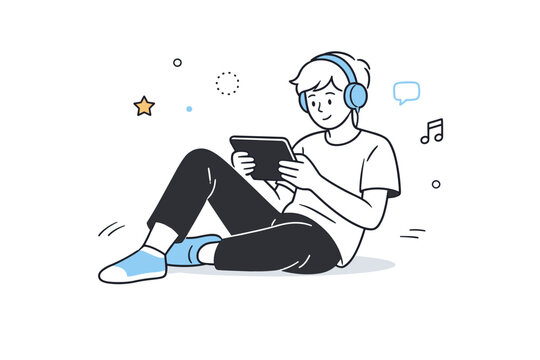 Teen leisure without stereotypes. Teen sitting casually with a tablet and headphones, relaxed posture and neutral clothing. Calm personal