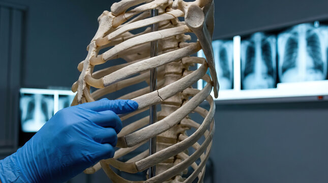 Human rib cage skeleton fracture bone anatomy medical healthcare injury education blue glove doctor close up x ray chest pain trauma hospital laboratory science study teaching demonstration ribs