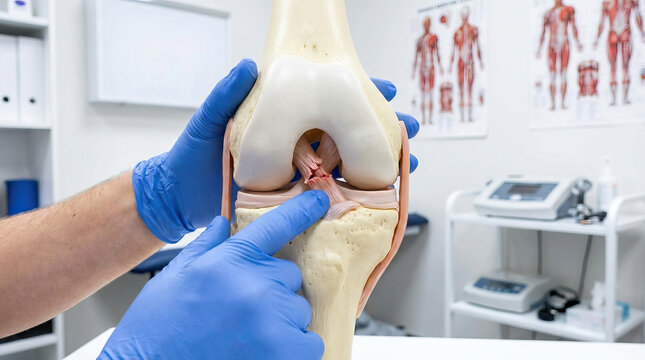 Anatomical knee joint model showing ligaments, cartilage, meniscus and cruciate ligament with gloved hands demonstrating injury and treatment options in clinical setting