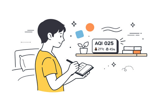 Daily sensor reading. A person checks an air monitor on a bedroom shelf, jotting notes on a small notebook, abstract floating shapes and