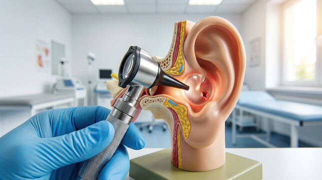 Otoscope examining detailed anatomical ear model showing ear canal eardrum middle ear structures in clinical examination setting with bright lighting and focused inspection