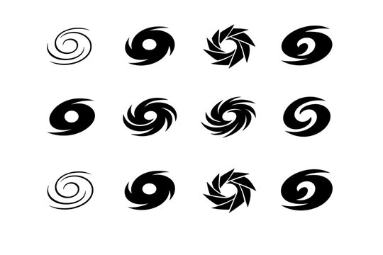 Hurricanes. Icon set. Set Logo of Hurricanes: swirling hurricane eye symbol. harmonious logo variations of the same emblematic concept, each with different