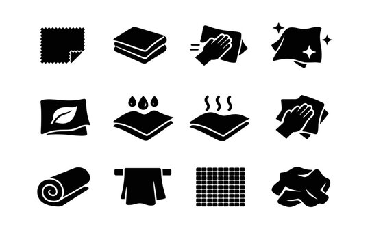 Cleaning Cloth. Solid icon set of Cleaning Cloth: microfiber cloth, folded cleaning rag, cloth wiping surface, reusable wipe, cloth with