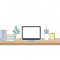 Minimalistic Home Office Vector Illustration, Desk with Laptop and Books, Organized Workspace, Flat Design, Modern Calm Style