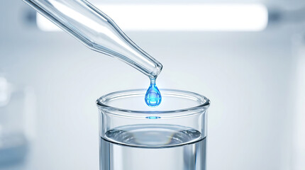Glass beaker with clear liquid and blue droplet falling from pipette, laboratory glassware, clinical experiment, sterile setting, scientific precision, clean aesthetic