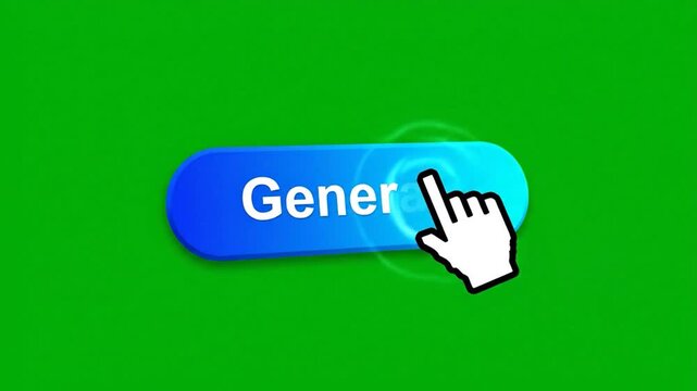 A glowing blue generate button with a vibrant aura on a solid green background.