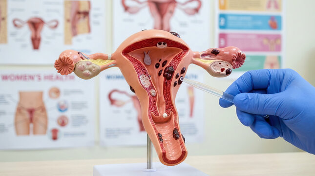 Uterus and fallopian tube anatomical model with ovarian structures and fibroid lesions held by gloved hand, medical teaching display showing reproductive anatomy and gynecologic pathology