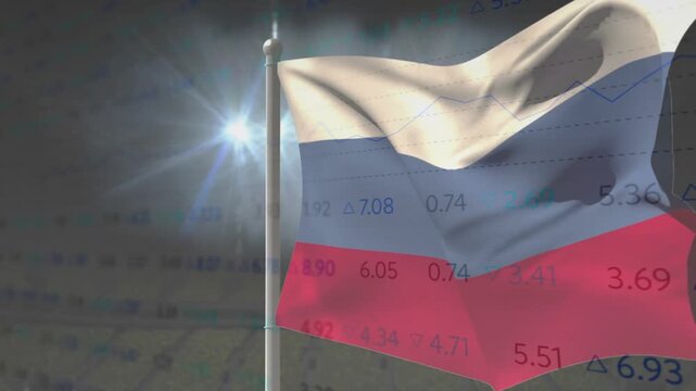 Russian flag reacting to gusts, billowing, folding over faint market numbers, showing volatility