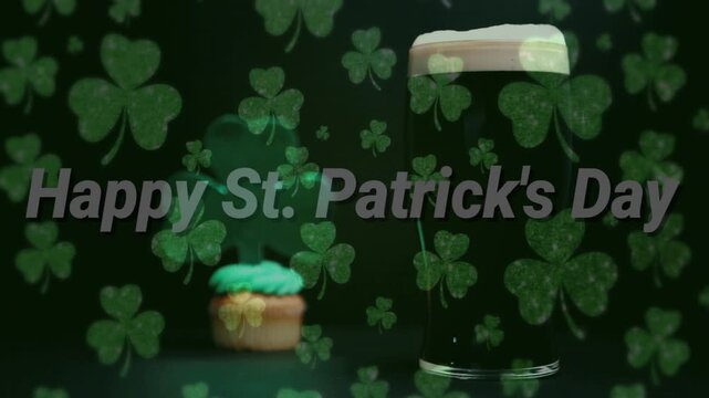 Frames starting, cupcake and pint glass moving, clovers drifting, Happy St