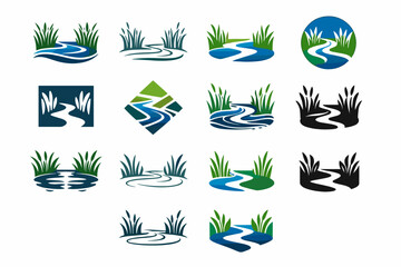 Fototapeta premium Wetlands. Icon set. Set Logo of Wetlands: flowing water through tall grass. harmonious logo variations of the same emblematic concept, each