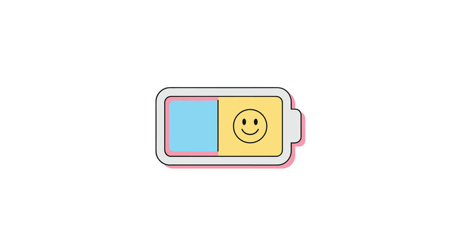 A stylized battery icon shows a partial blue charge and a yellow section with a smiling face set on a simple white background, Generative AI.