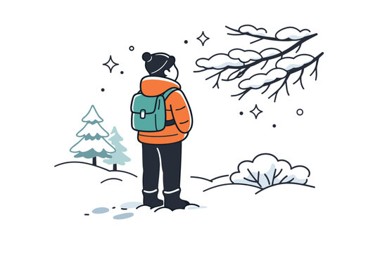 Snowy forest leisure walks. Short pause during a winter walk, person standing quietly and looking at snowy branches, calm reflection and